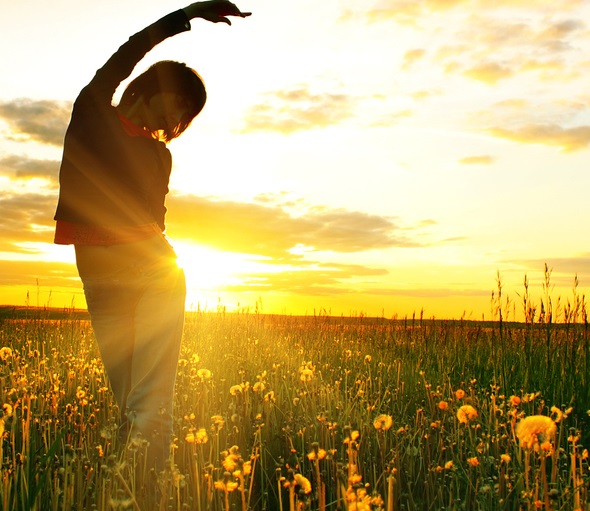 Person stretches at sunset in field of flowers