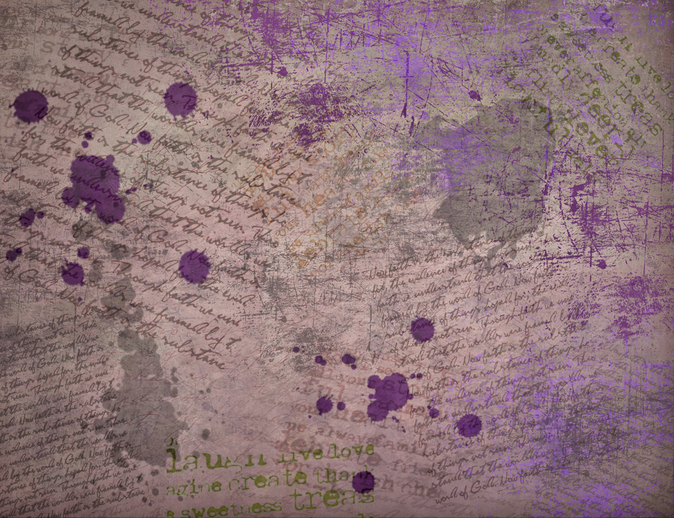 purple inkblots on collage of handwritten pages