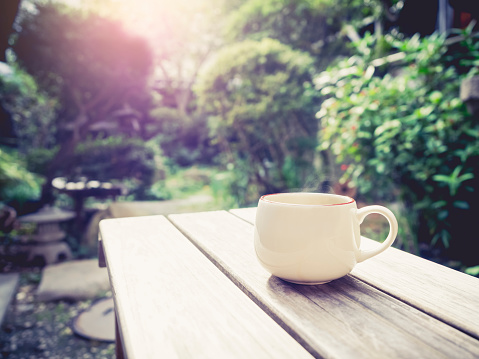 Mug on wooden table in garden