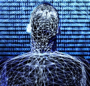 A 3D futuristic male torso has a wire frame in binary network.