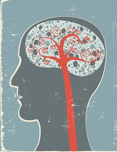 An abstract side view of a head with a tree-like spine connecting into the brain.