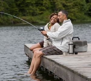 Couple sitting on dock fishing