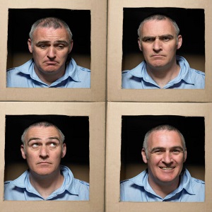 Four square panels show different expressions on the same man's face.