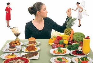 Woman deciding on healthy or unhealthy food