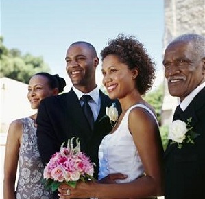 Bride and groom smiling