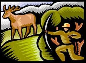 Illustration of man hunting deer with bow