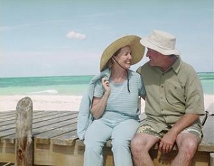 Older couple sitting on beach dock
