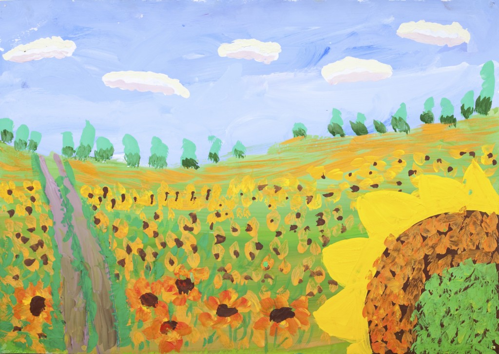 gouache picture of sunflower field