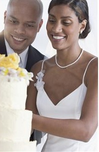 Bride and groom with wedding cake