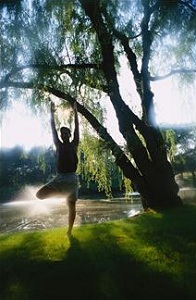 Man doing yoga near pond