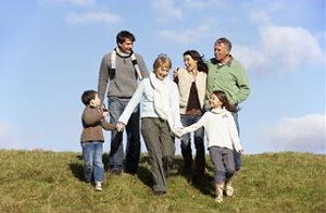 Family walking down hill