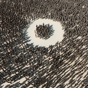 Aerial view of a small group of people isolated within a larger group