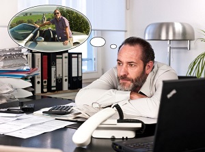 Business man day dreaming about coworker with new car