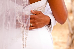 Close up of groom's arms around bride