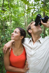 Couple walks through jungle enjoying scenery