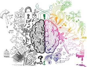 A sketch of left and right brain hemispheres and their respective functions