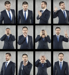 Man in suit demonstrates personality types. 