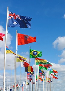 International flags on waterfront of Rotterdam