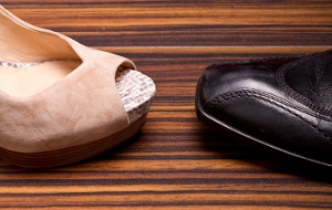 man's shoe and woman's shoe on floor