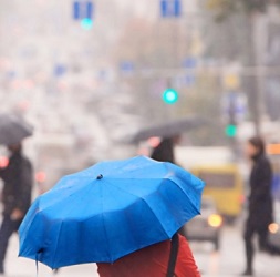A blue umbrella covers a person with a red jacket in the city