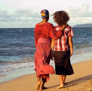 Two People Walking on Beach