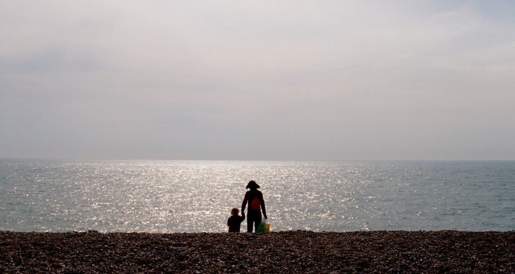 Mother and child at beach