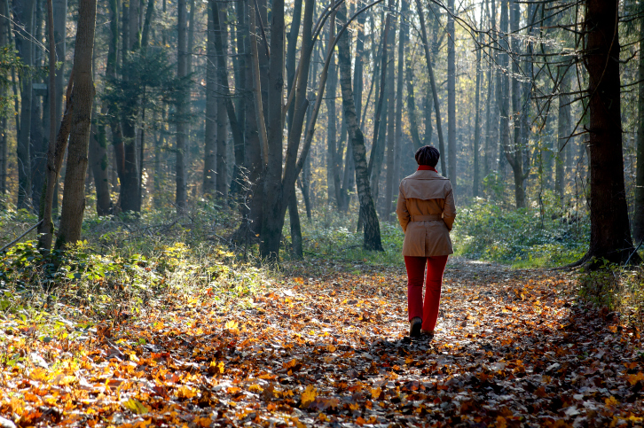 A woman walks through an autumn forest