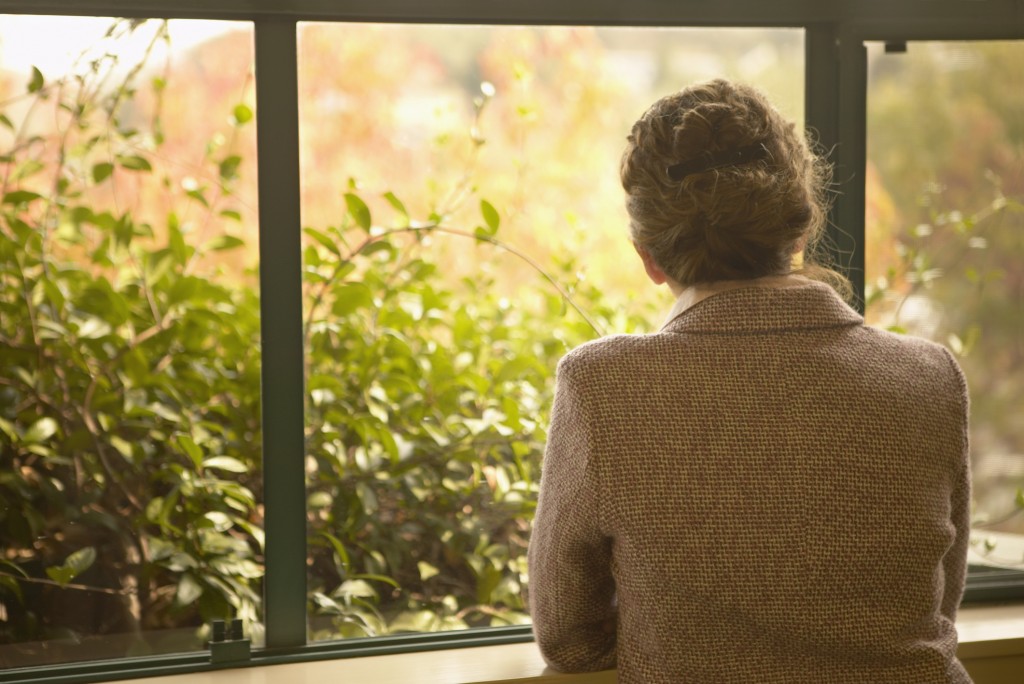 Rear view of a mid adult woman looking through a window