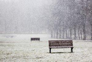An empty park bench in a snowstorm