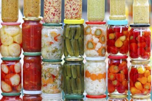 Stacked jars of pickled vegetables