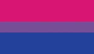 The flag symbolizing bisexuality, which has a wide fuschia band, a narrow purple band, and a wide blue band
