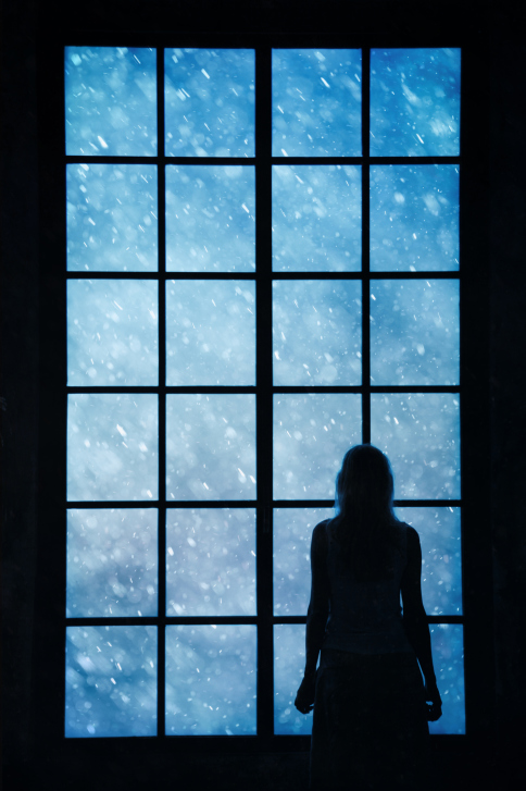 Silhouette of woman looking at snowfall outside