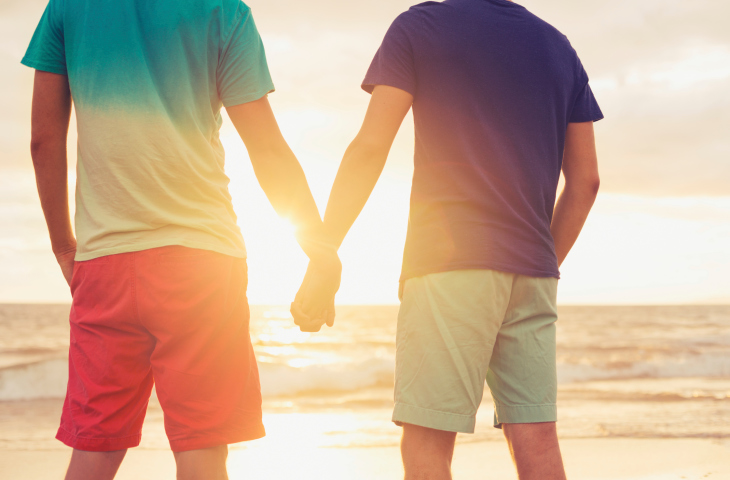Male couple holding hands outdoors at sunset