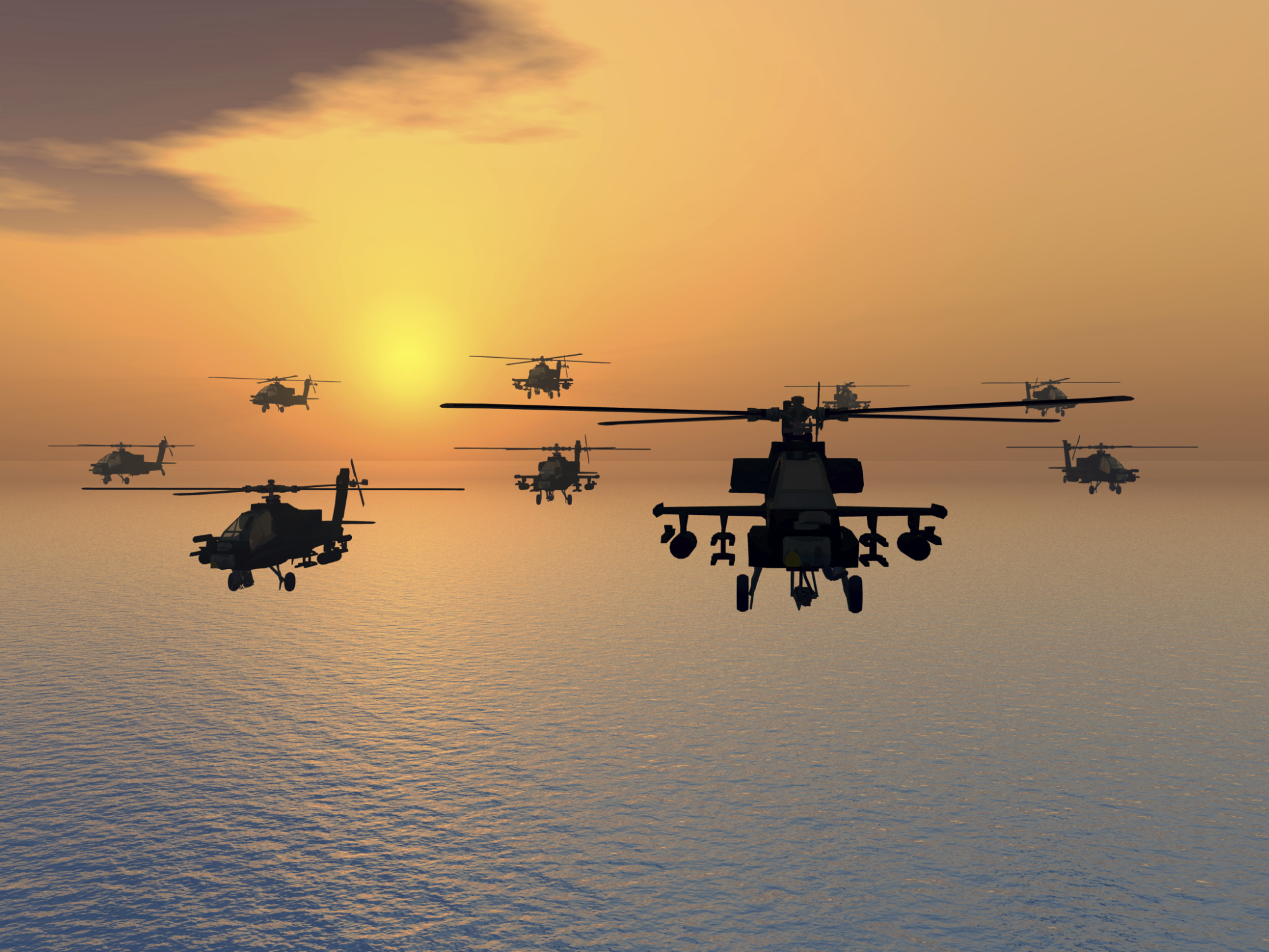 Modern combat helicopters flying over water