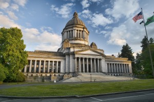 Washington state capitol building with flags
