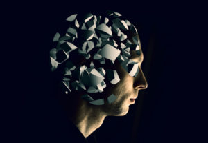 profile portrait with brain explosion fragments