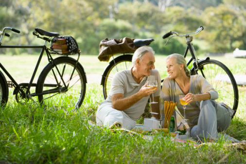 Older couple having picnic with bikes