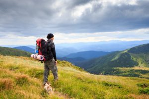 Man and dog hike on grassy hill under cloudy sky