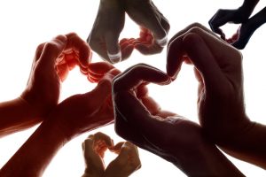 Several different hands forming hearts.
