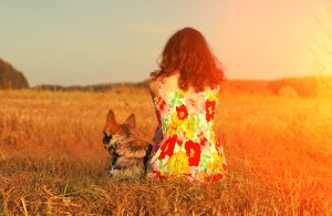 Person sits in meadow with dog at sunset