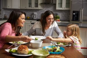 Two moms and daughter eating dinner