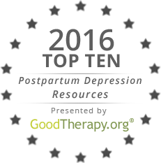 Seal reading "2016 Top Ten Postpartum Depression Resources Presented by GoodTherapy.org" surrounded by stars