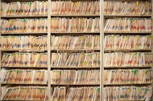 Shelves containing medical files