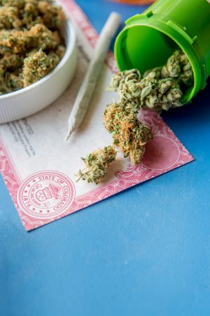 A joint, leaves of medical marijuana plant, and Colorado-issued medical marijuana card