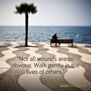 Illustration of person on bench and text "Not all wounds are visible. Walk gently in the lives of others."