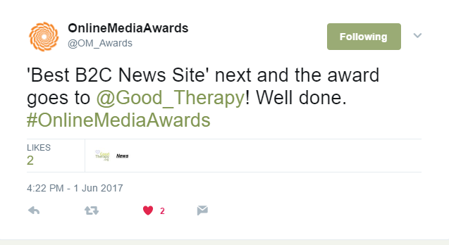GoodTherapy.org wins Drum Online Media Award for Best B2C News Site
