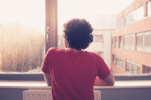 Rear view photo of young adult with curly hair standing at window in business-type office looking out