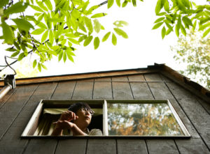 Photo taken from a low angle shows person looking out of large window on side of house