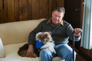 Person with short hair wearing oxford shirt and jeans begins to get up with assistance from cane while therapy dog sits on lap