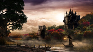 Autumn scenery with fantasy castle, lake and mysterious person in a boat